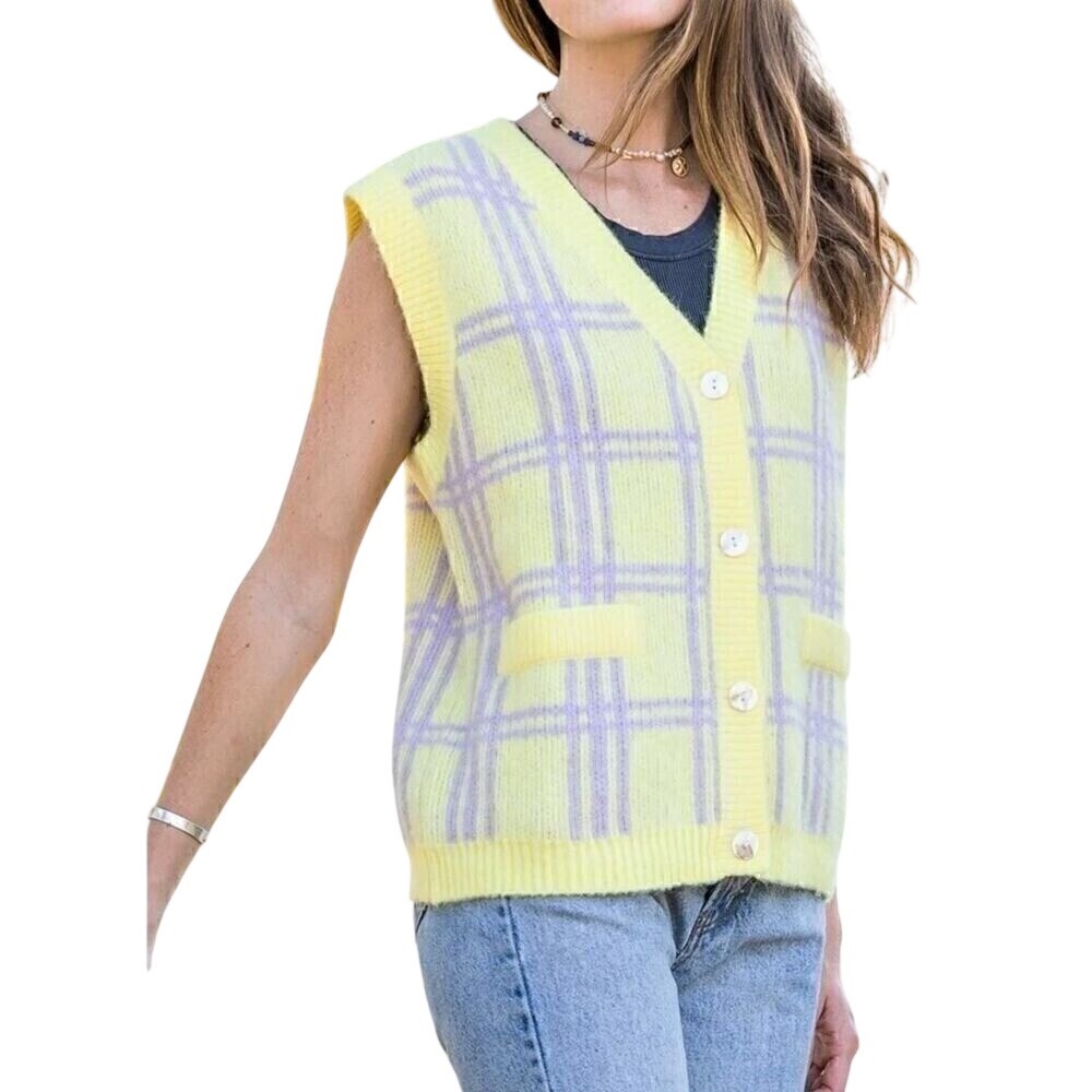 En Creme Plaid Pastel Sweater Vest Small Medium Yellow Purple Preppy Retro 90s
